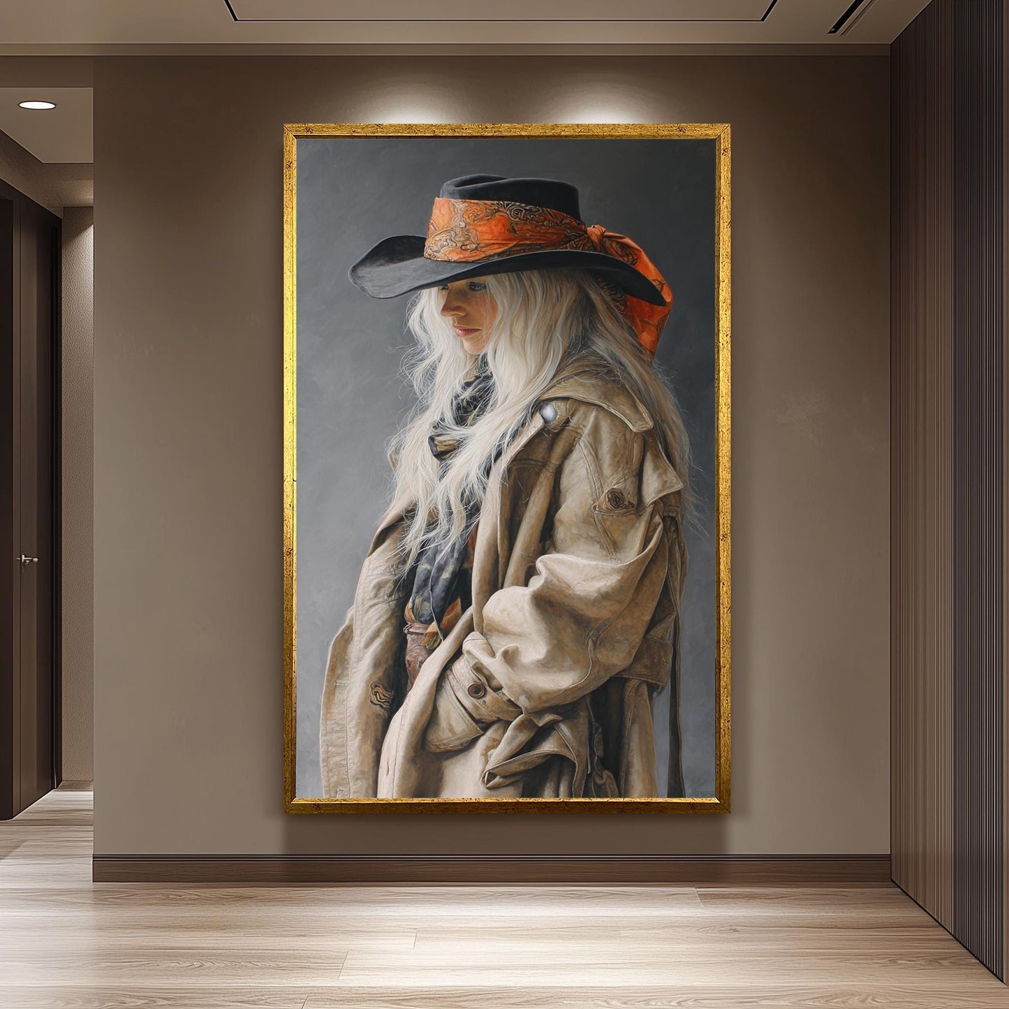 Western Cowgirl Abstract Oil Painting | Realistic Blonde Woman in Cowboy Hat Wall Art | Rustic Country Girl Canvas Art for Home Decor