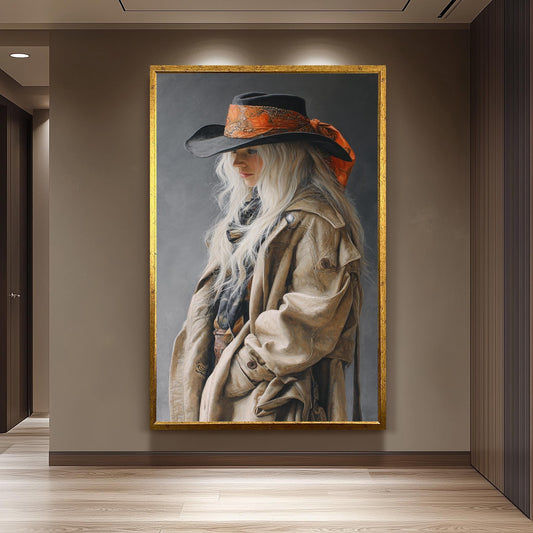 Western Cowgirl Abstract Oil Painting | Realistic Blonde Woman in Cowboy Hat Wall Art | Rustic Country Girl Canvas Art for Home Decor