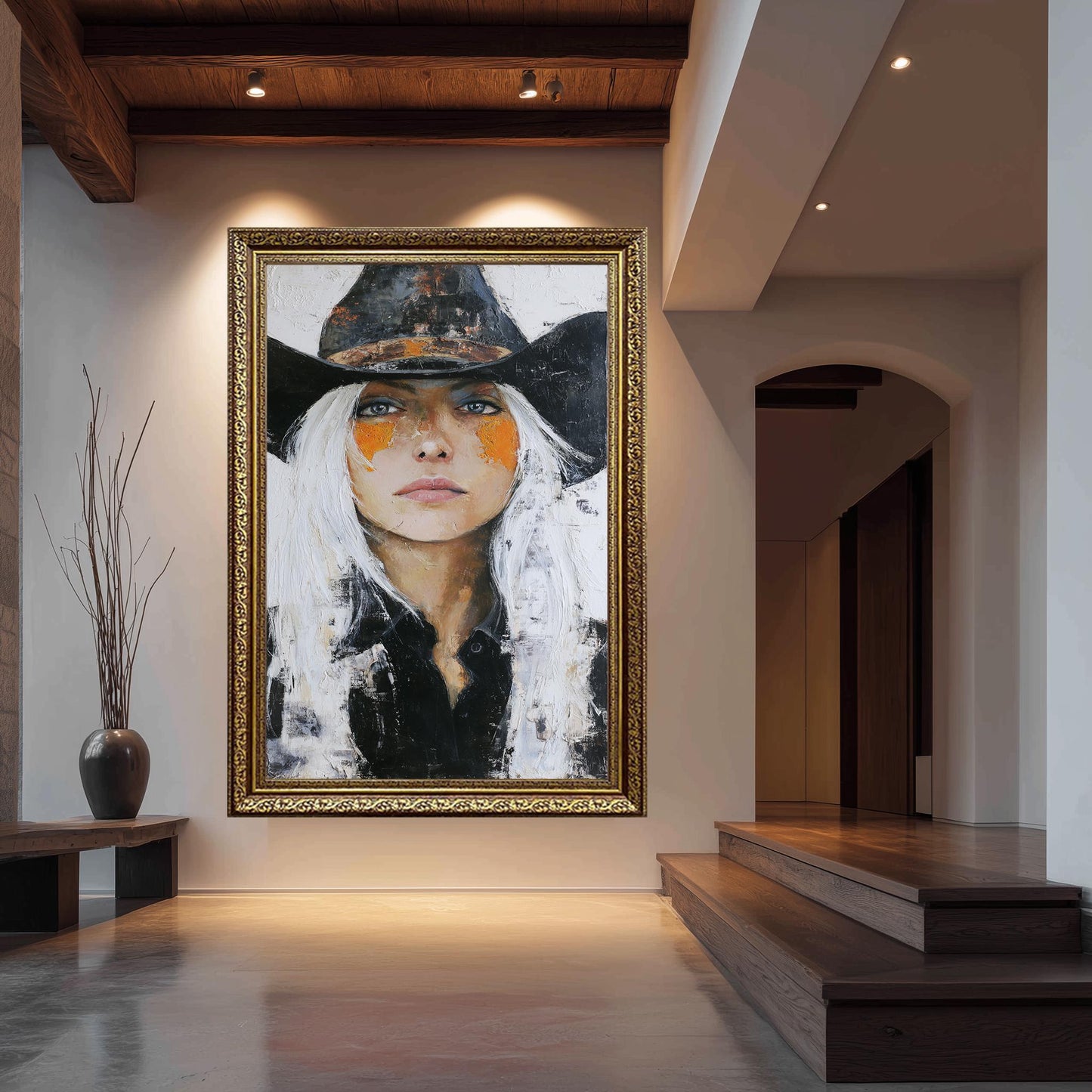Cowgirl Portrait Abstract Oil Painting | Bold Western Woman Wall Art with White Hair & Black Hat | Textured Canvas Rustic Home Decor