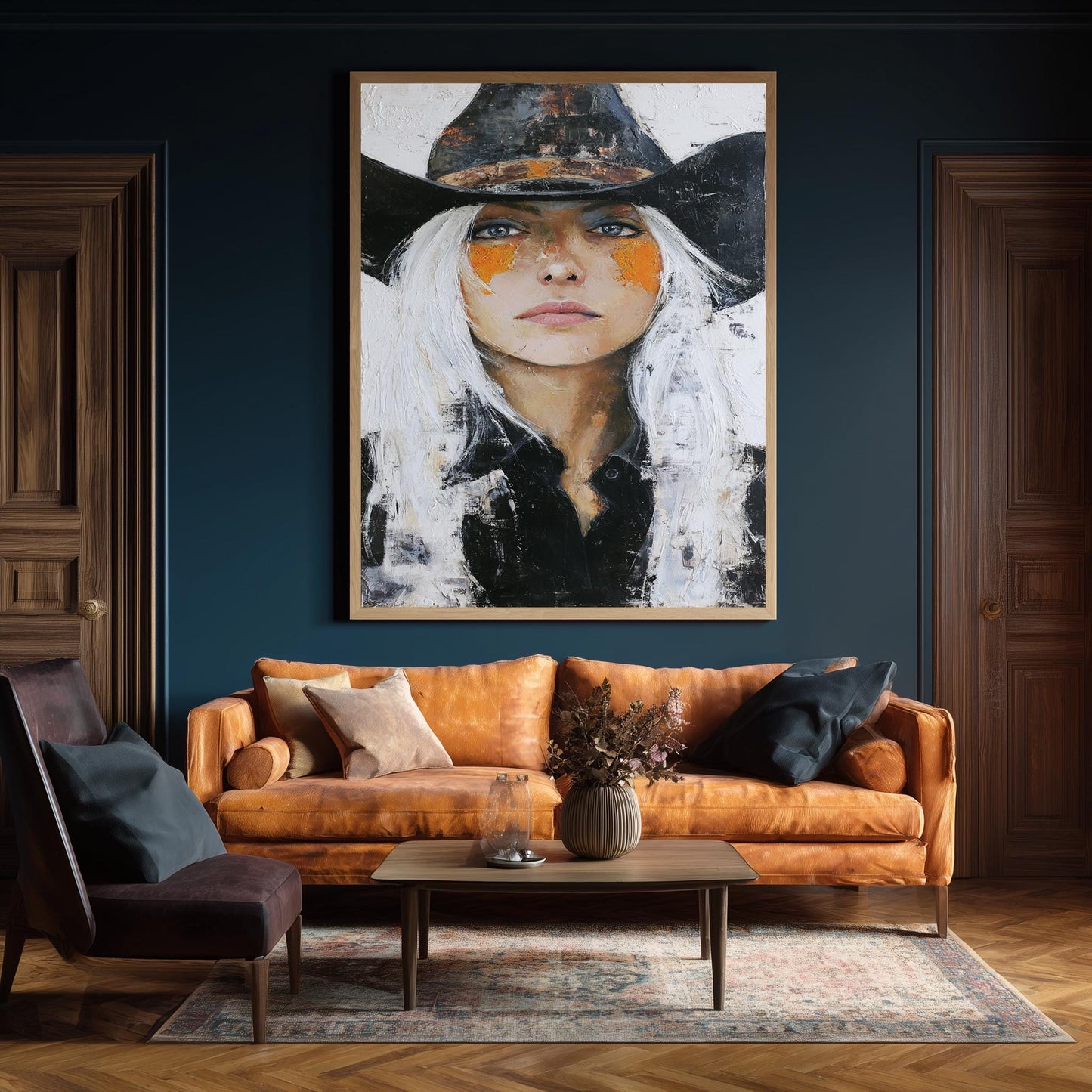 Cowgirl Portrait Abstract Oil Painting | Bold Western Woman Wall Art with White Hair & Black Hat | Textured Canvas Rustic Home Decor