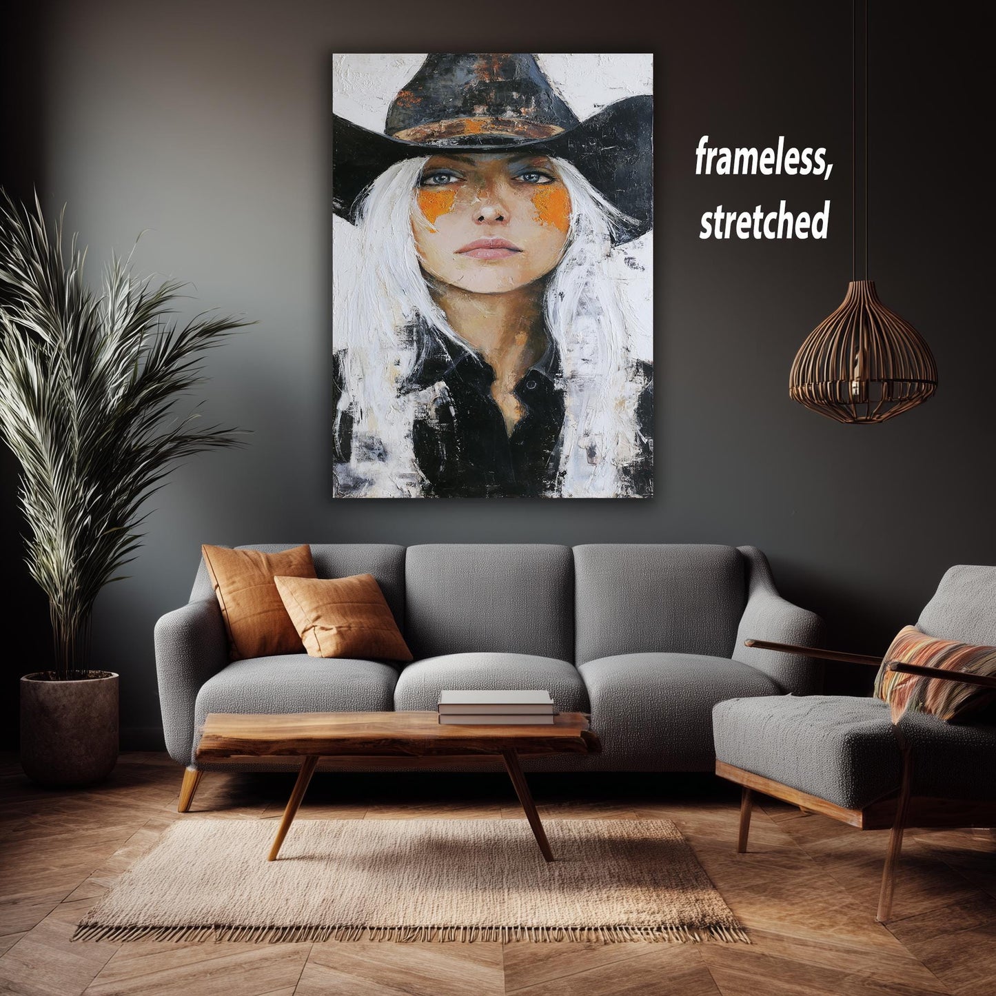 Cowgirl Portrait Abstract Oil Painting | Bold Western Woman Wall Art with White Hair & Black Hat | Textured Canvas Rustic Home Decor