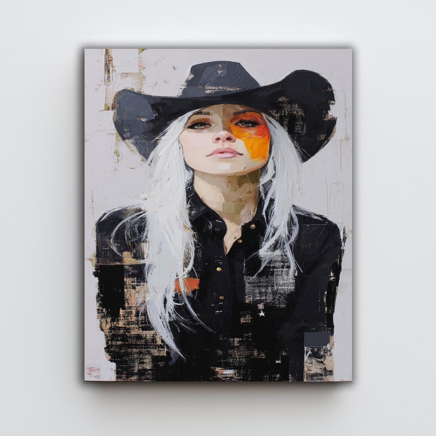 Abstract Cowgirl Oil Painting on Canvas | Modern Western Woman Portrait Art with White Hair & Black Hat | Bold Rustic Wall Decor Print