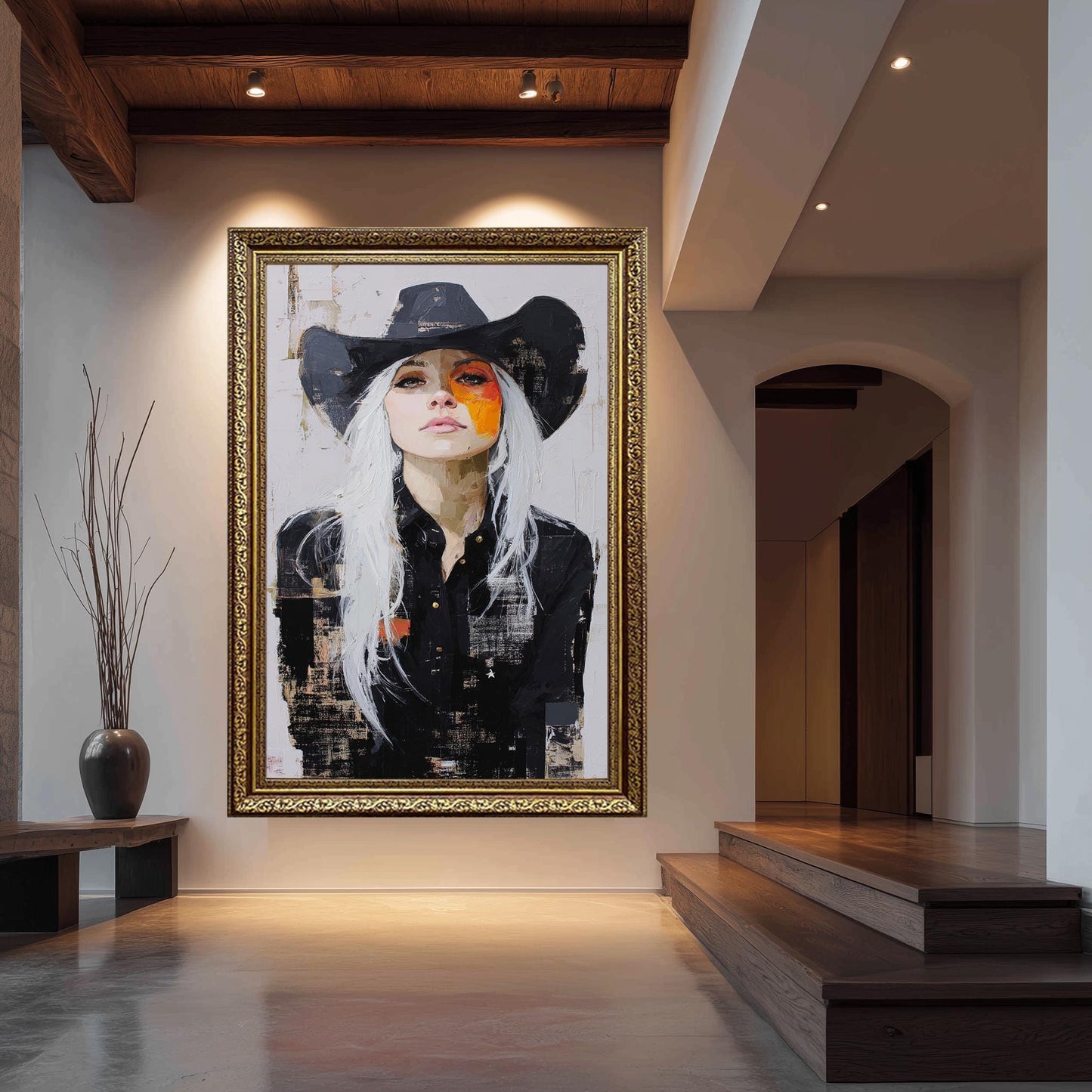 Abstract Cowgirl Oil Painting on Canvas | Modern Western Woman Portrait Art with White Hair & Black Hat | Bold Rustic Wall Decor Print
