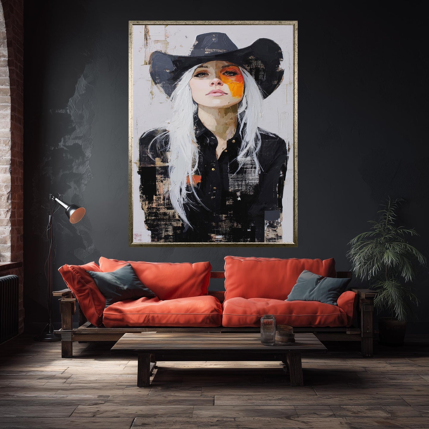 Abstract Cowgirl Oil Painting on Canvas | Modern Western Woman Portrait Art with White Hair & Black Hat | Bold Rustic Wall Decor Print