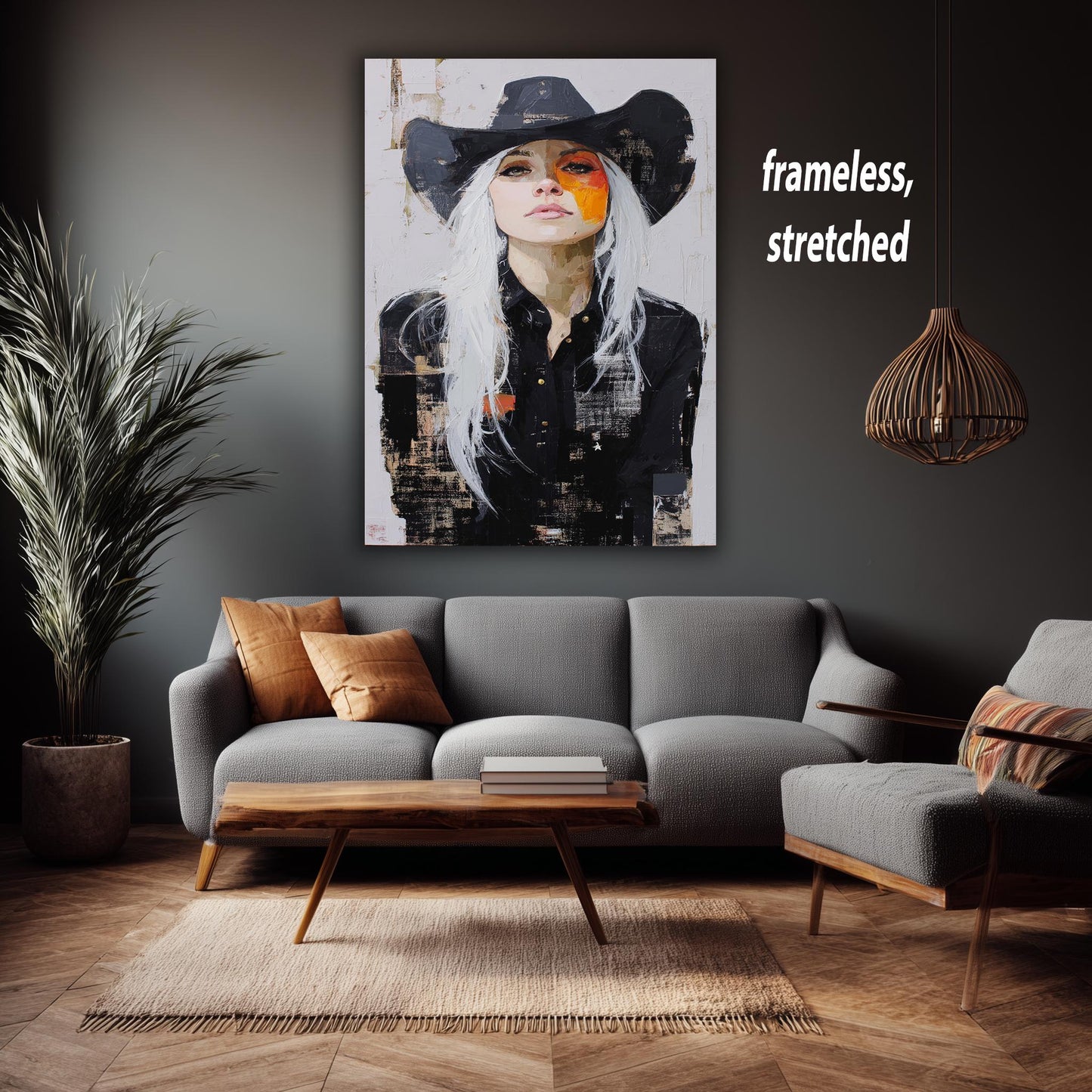 Abstract Cowgirl Oil Painting on Canvas | Modern Western Woman Portrait Art with White Hair & Black Hat | Bold Rustic Wall Decor Print