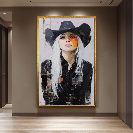 Abstract Cowgirl Oil Painting on Canvas | Modern Western Woman Portrait Art with White Hair & Black Hat | Bold Rustic Wall Decor Print
