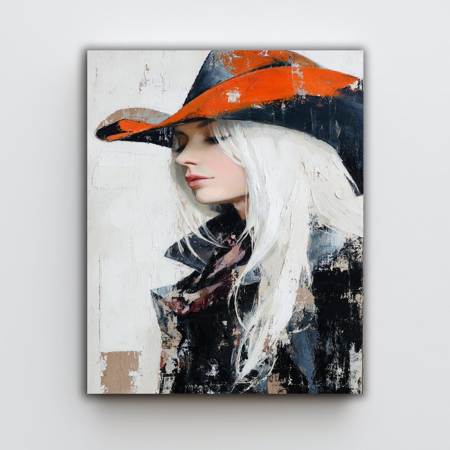 Abstract Oil Painting of Western Cowgirl | Elegant Woman with White Hair in Orange Cowboy Hat | Rustic Modern Wall Art on Canvas Woman Art