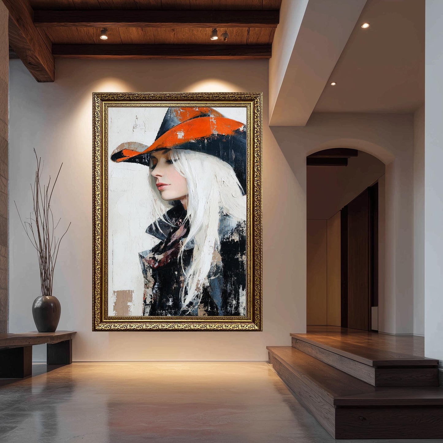 Abstract Oil Painting of Western Cowgirl | Elegant Woman with White Hair in Orange Cowboy Hat | Rustic Modern Wall Art on Canvas Woman Art