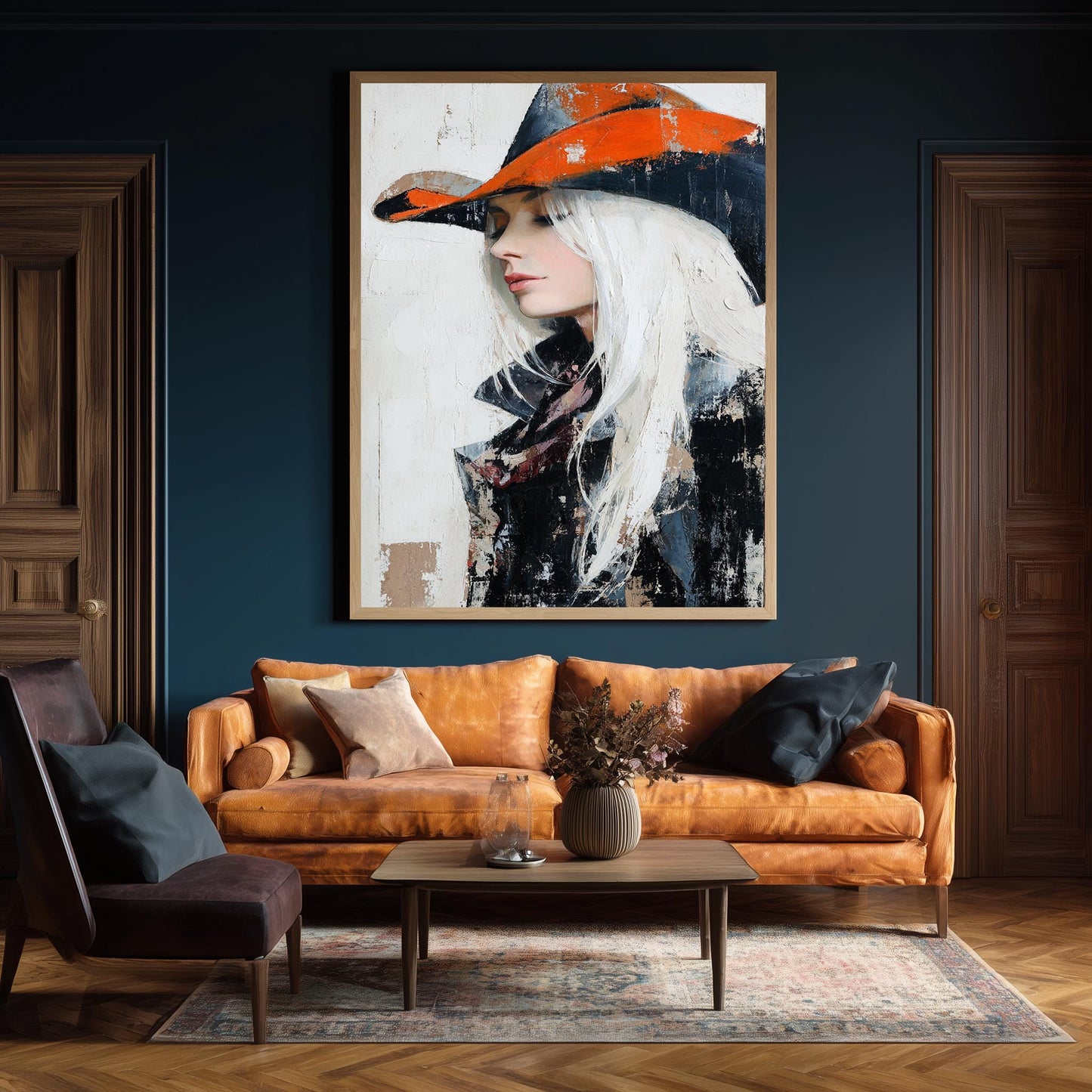 Abstract Oil Painting of Western Cowgirl | Elegant Woman with White Hair in Orange Cowboy Hat | Rustic Modern Wall Art on Canvas Woman Art