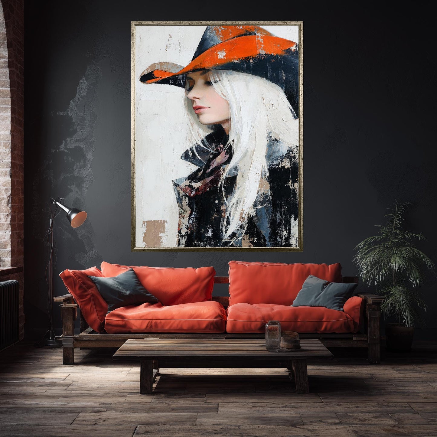Abstract Oil Painting of Western Cowgirl | Elegant Woman with White Hair in Orange Cowboy Hat | Rustic Modern Wall Art on Canvas Woman Art