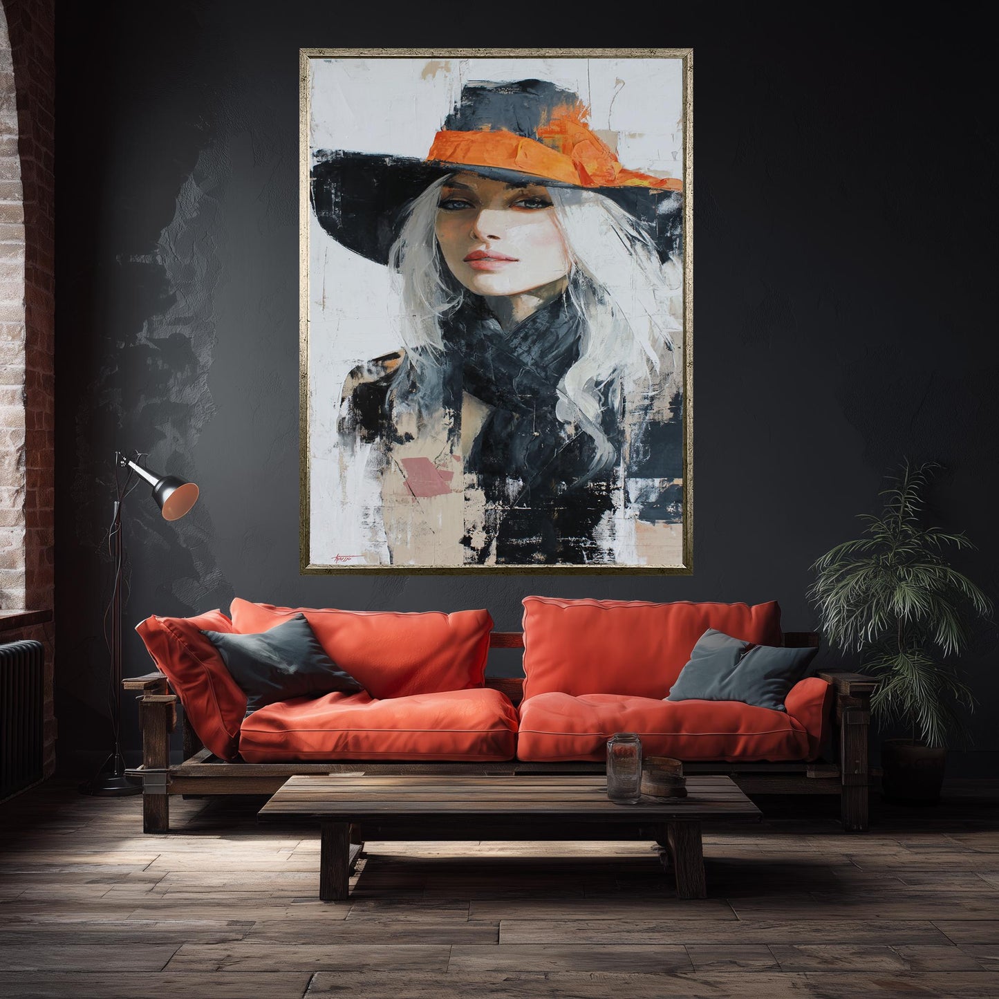 Western Woman Abstract Oil Painting | Elegant Cowgirl with Long White Hair in Orange Hat | Modern Rustic Wall Art for Home Decor  Woman Art