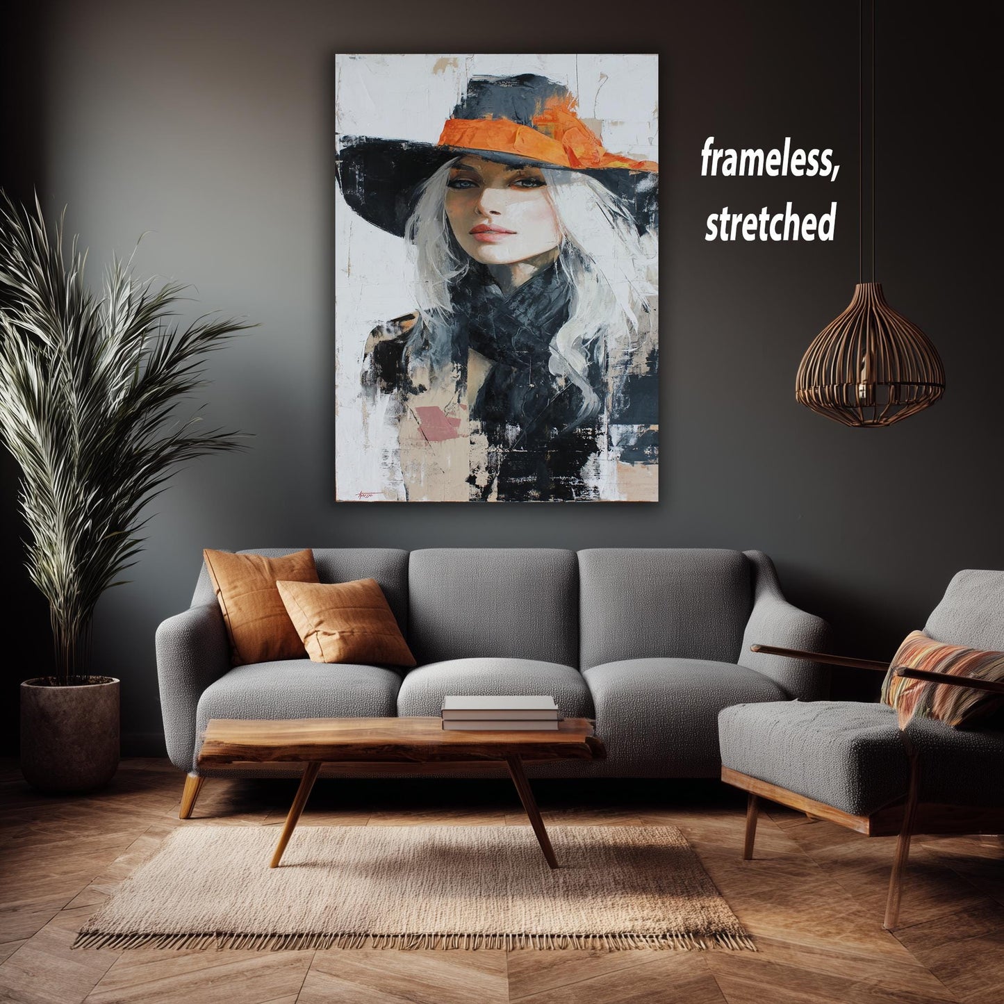 Western Woman Abstract Oil Painting | Elegant Cowgirl with Long White Hair in Orange Hat | Modern Rustic Wall Art for Home Decor  Woman Art