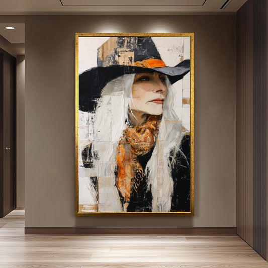 Abstract Oil Painting of Western Woman | Cowgirl with Long White Hair, Black Hat & Orange Scarf | Rustic Modern Wall Art on Canvas Woman Art