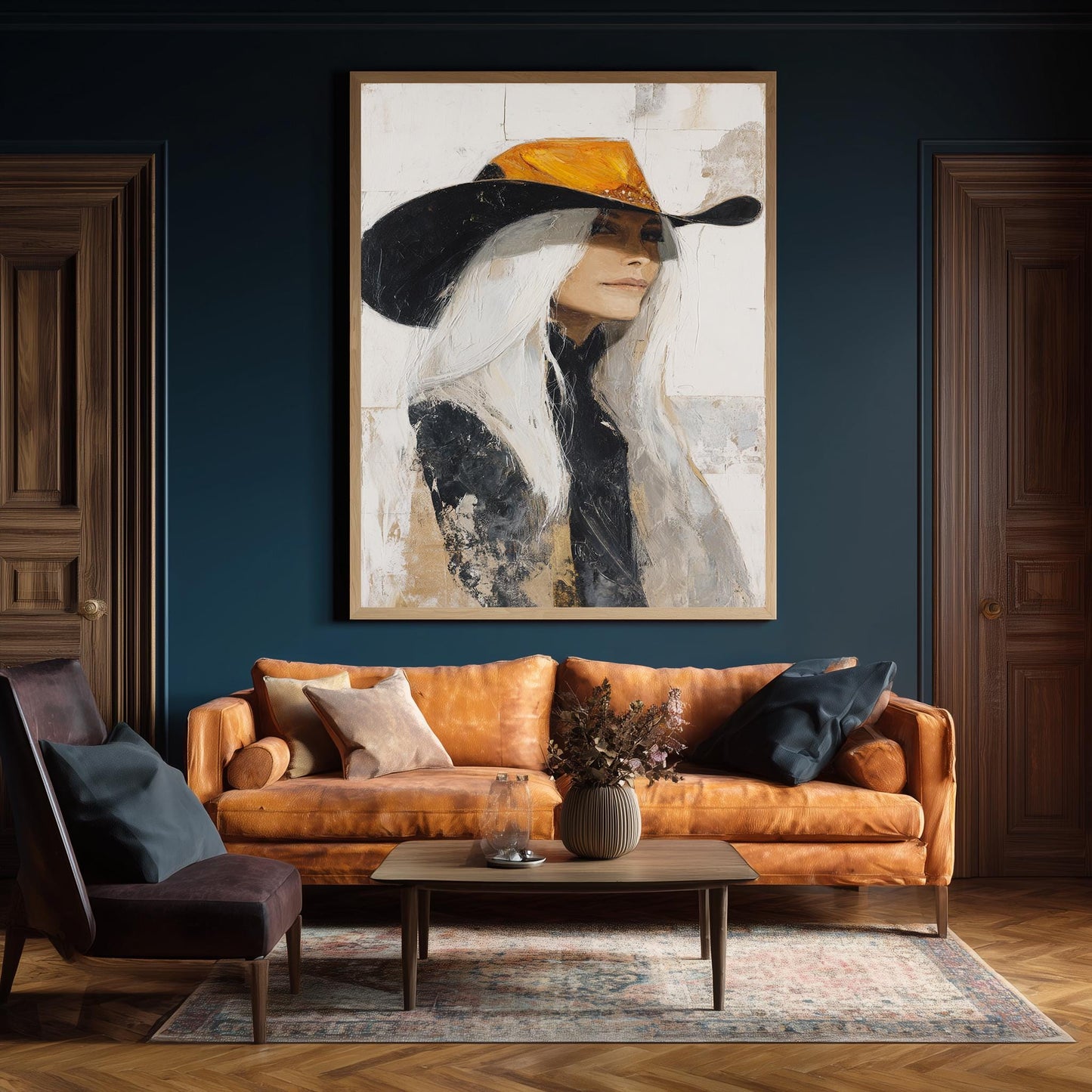 Western Woman Abstract Oil Painting | Cowgirl with Long White Hair in Orange and Black Hat | Rustic Textured Wall Art on Canvas Print