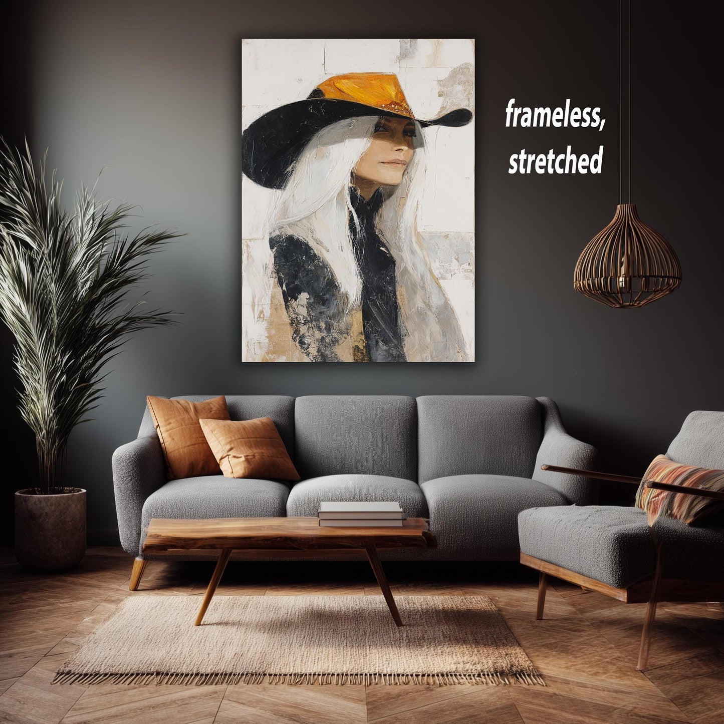 Western Woman Abstract Oil Painting | Cowgirl with Long White Hair in Orange and Black Hat | Rustic Textured Wall Art on Canvas Print