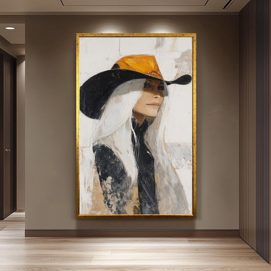 Western Woman Abstract Oil Painting | Cowgirl with Long White Hair in Orange and Black Hat | Rustic Textured Wall Art on Canvas Print