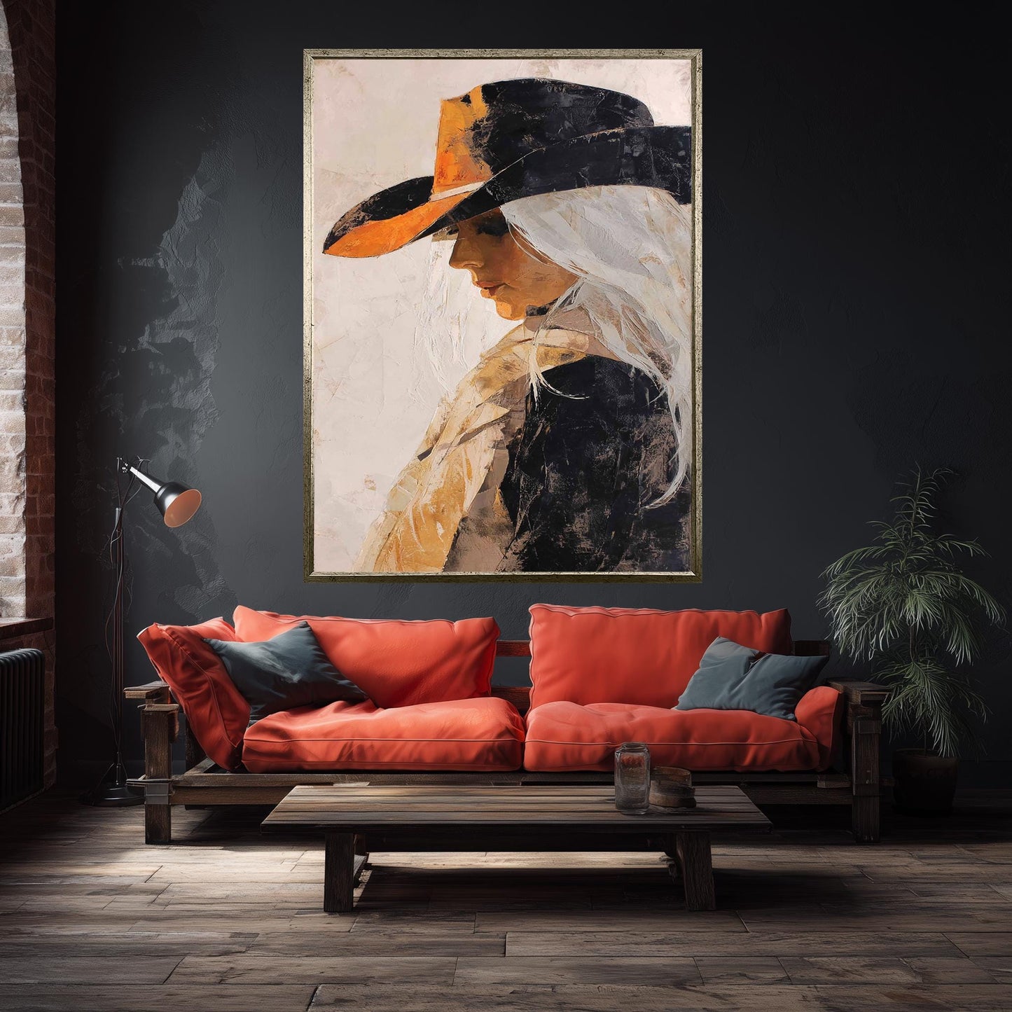 Abstract Western Cowgirl Oil Painting | Woman with Long White Hair in Black and Orange Hat | Rustic Textured Canvas Wall Art Print Woman Art