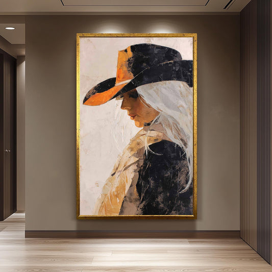 Abstract Western Cowgirl Oil Painting | Woman with Long White Hair in Black and Orange Hat | Rustic Textured Canvas Wall Art Print Woman Art