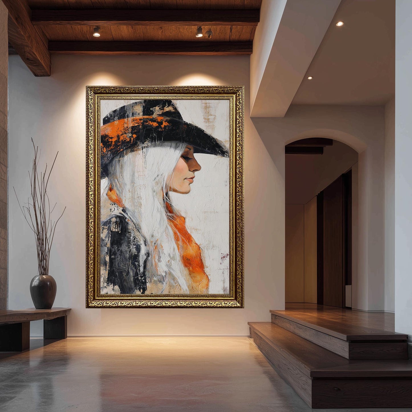Abstract Cowgirl Oil Painting on Canvas | Western Woman with Long White Hair and Orange Scarf in Black Hat | Rustic Wall Art for Home