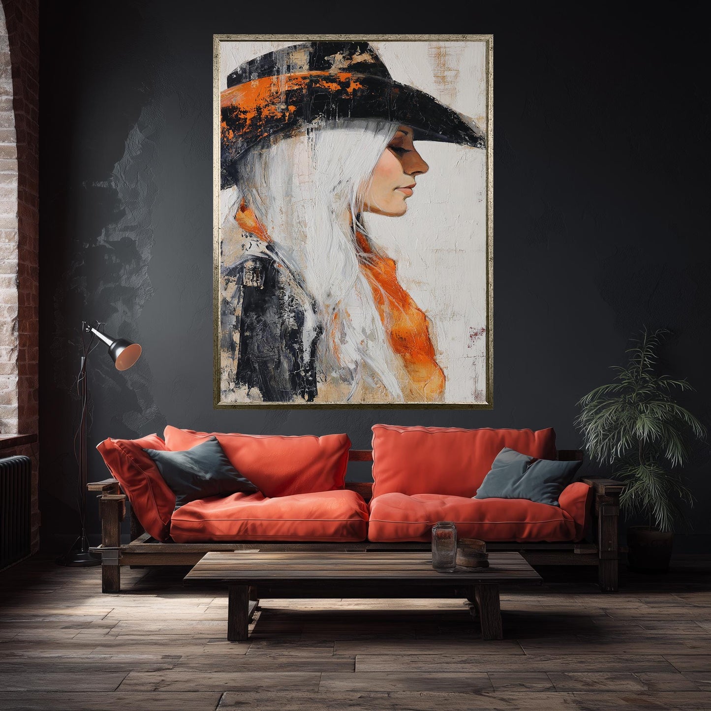 Abstract Cowgirl Oil Painting on Canvas | Western Woman with Long White Hair and Orange Scarf in Black Hat | Rustic Wall Art for Home