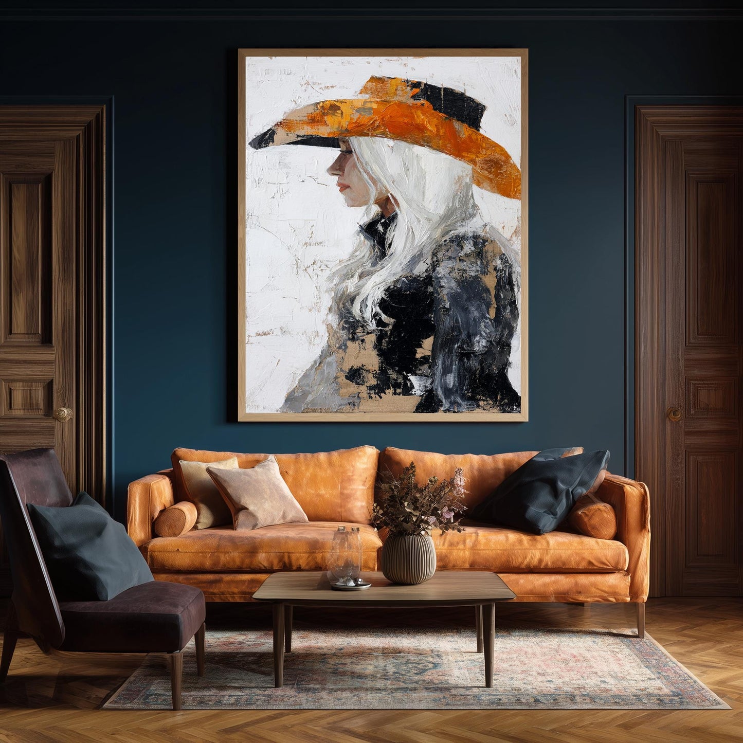 Abstract Western Woman Oil Painting | Cowgirl with Long White Hair in Textured Orange and Black Hat | Rustic Canvas Art Wall Decor Woman Art
