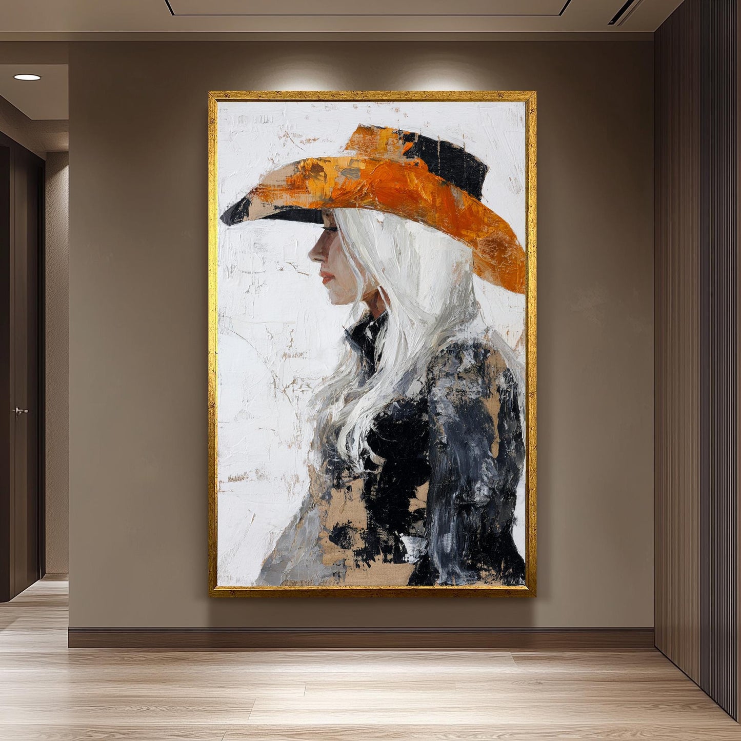 Abstract Western Woman Oil Painting | Cowgirl with Long White Hair in Textured Orange and Black Hat | Rustic Canvas Art Wall Decor Woman Art
