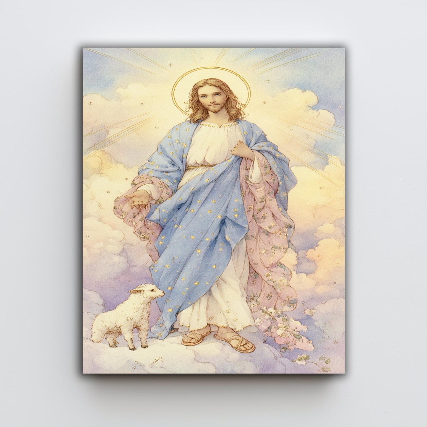 Whimsical Jesus Christ Illustration with Lamb in Pastel Clouds, Christian Storybook Style Print, Gentle Spiritual Wall Art for Nursery Room