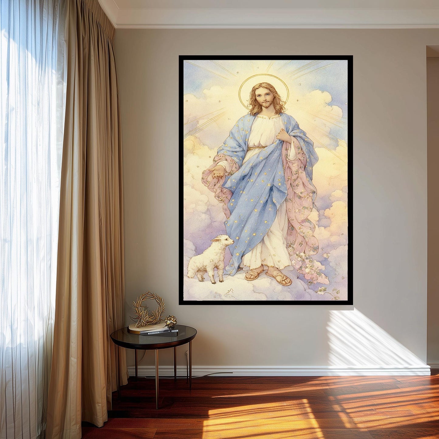 Whimsical Jesus Christ Illustration with Lamb in Pastel Clouds, Christian Storybook Style Print, Gentle Spiritual Wall Art for Nursery Room