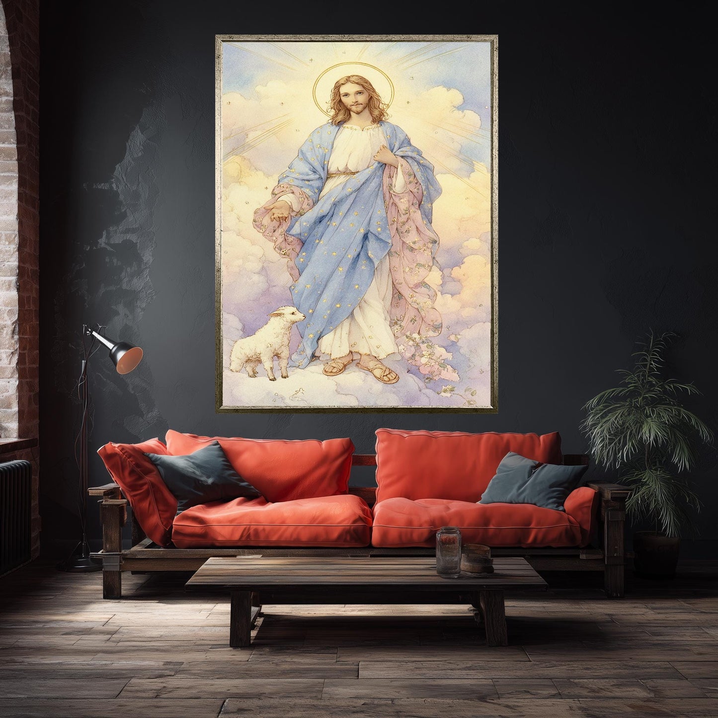 Whimsical Jesus Christ Illustration with Lamb in Pastel Clouds, Christian Storybook Style Print, Gentle Spiritual Wall Art for Nursery Room