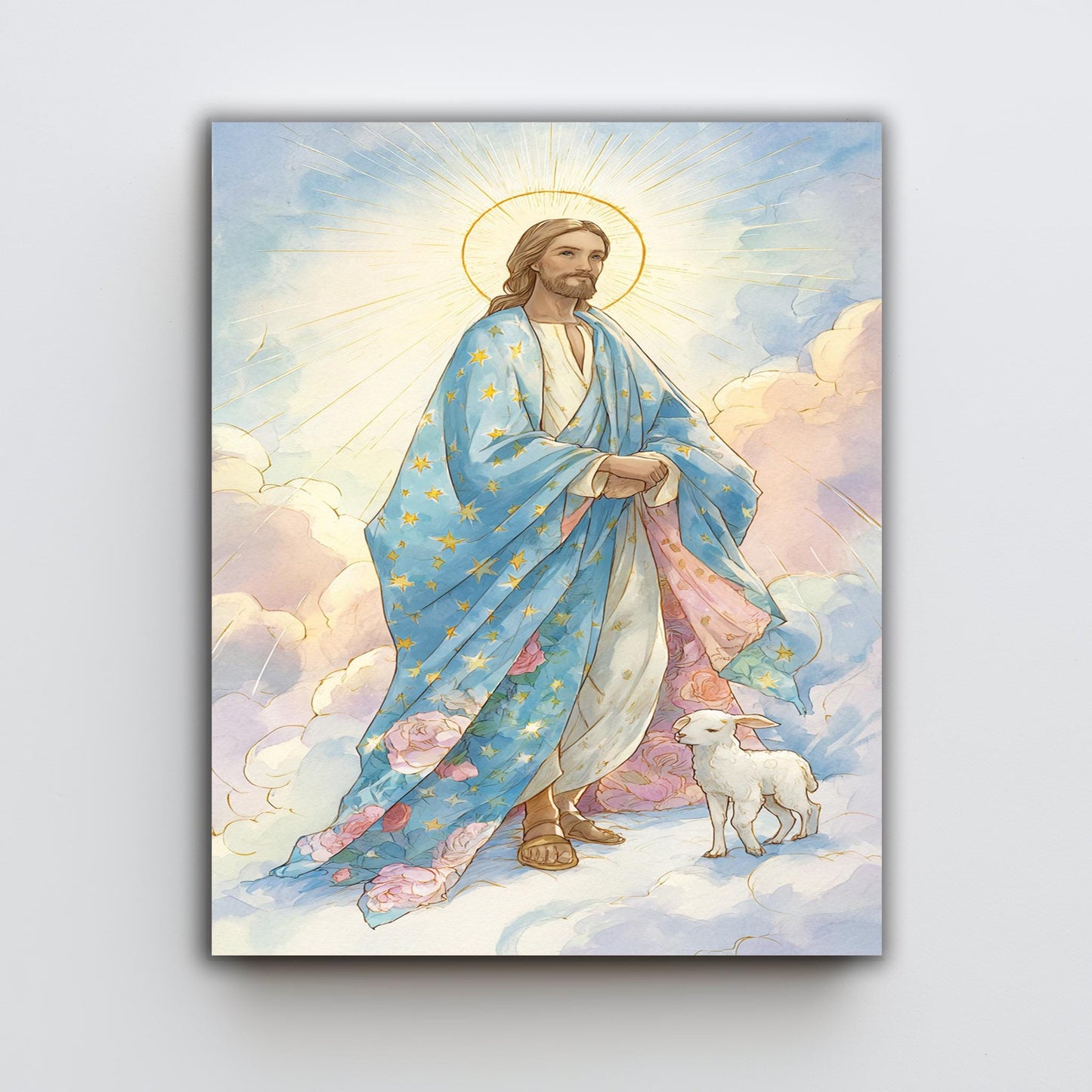 Heavenly Jesus Christ Art Print with Lamb in Blooming Clouds, Storybook Pastel Christian Illustration for Kids Room or Spiritual Decor