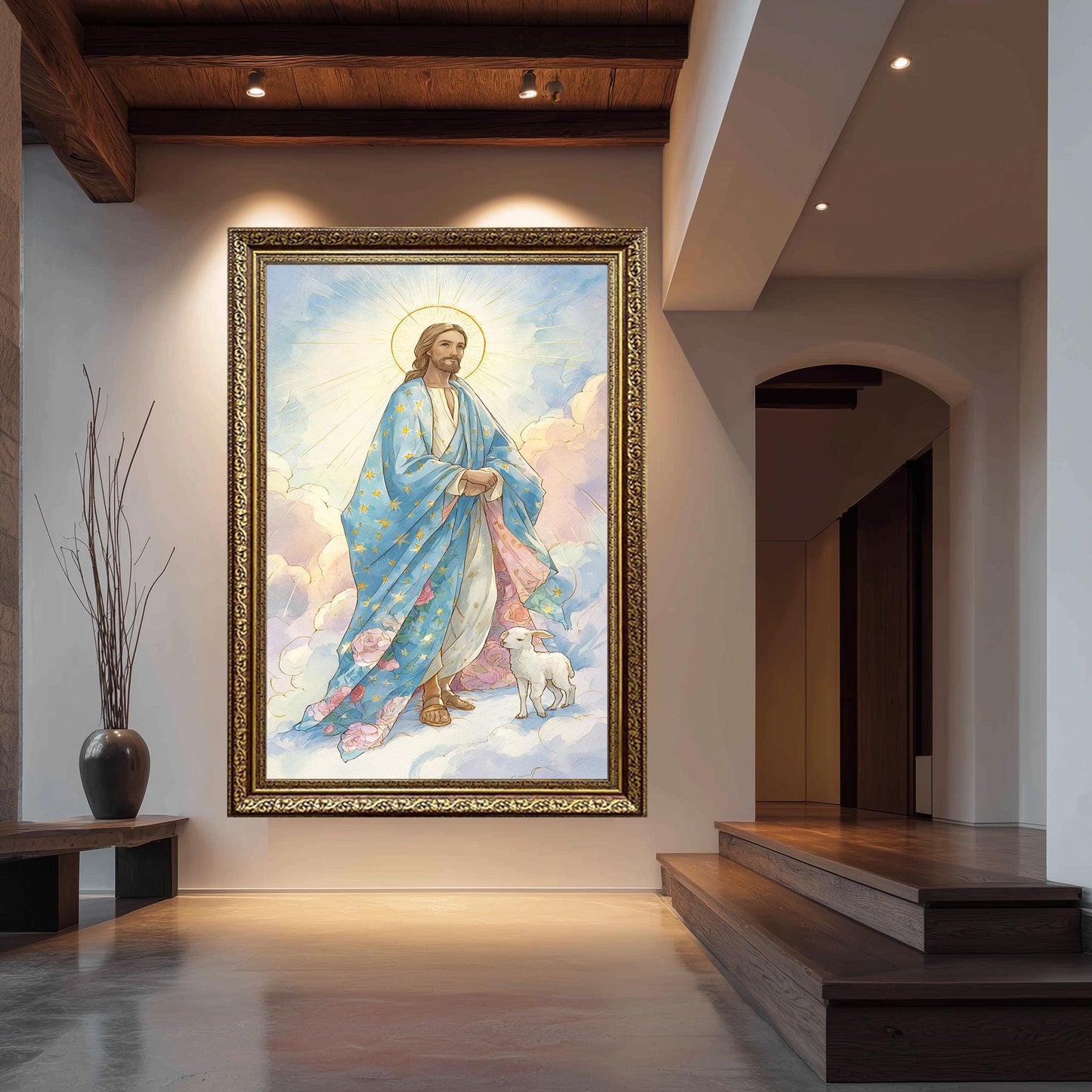 Heavenly Jesus Christ Art Print with Lamb in Blooming Clouds, Storybook Pastel Christian Illustration for Kids Room or Spiritual Decor