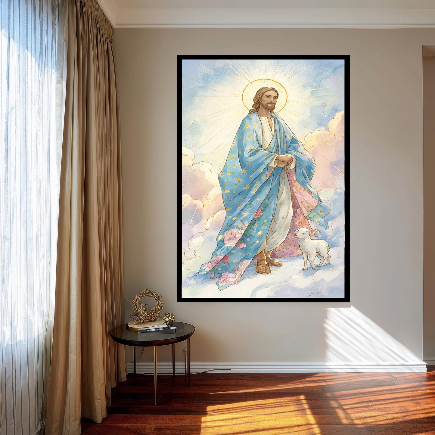 Heavenly Jesus Christ Art Print with Lamb in Blooming Clouds, Storybook Pastel Christian Illustration for Kids Room or Spiritual Decor