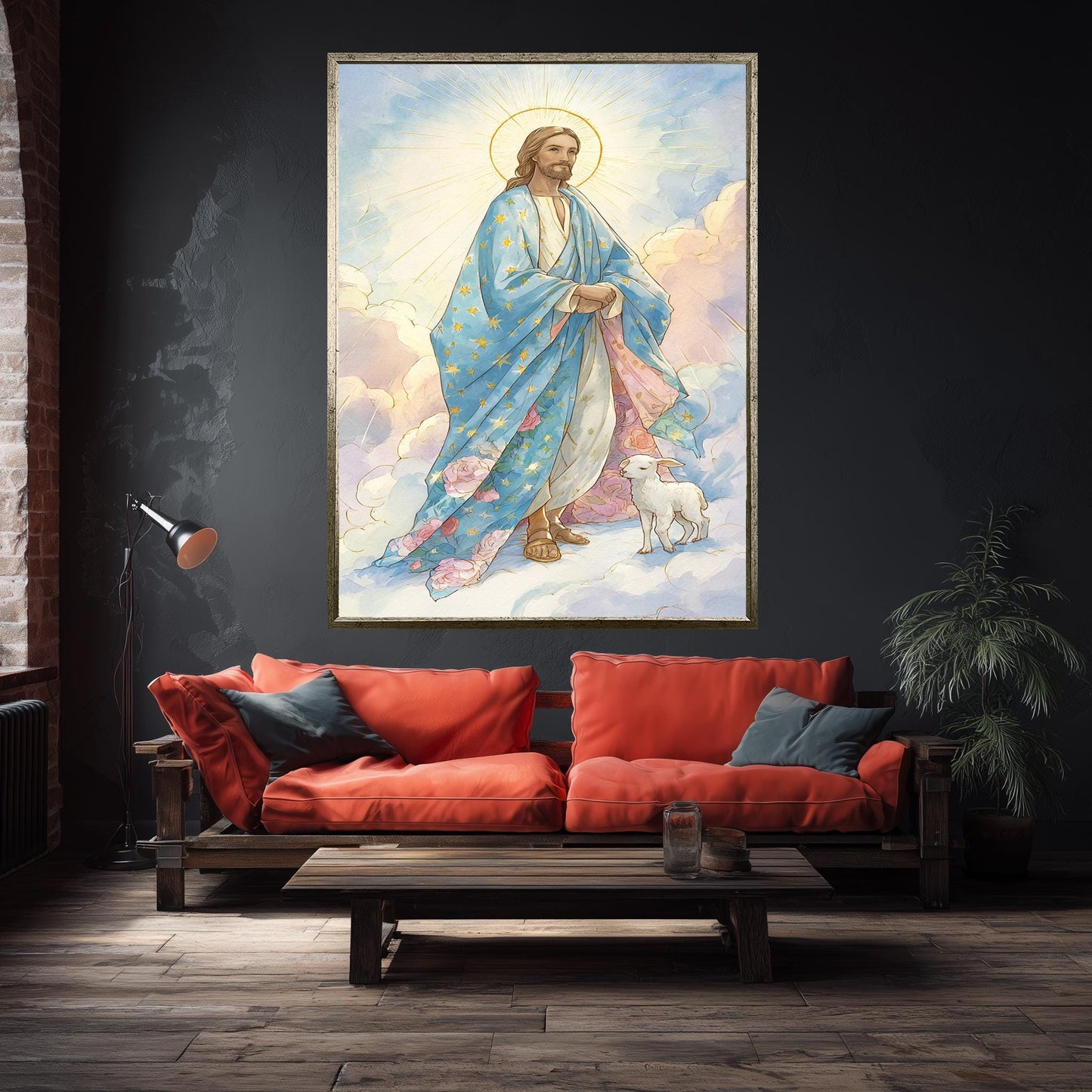 Heavenly Jesus Christ Art Print with Lamb in Blooming Clouds, Storybook Pastel Christian Illustration for Kids Room or Spiritual Decor