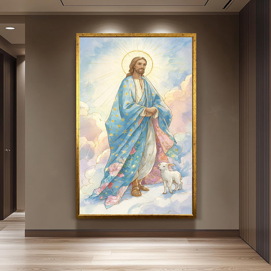 Heavenly Jesus Christ Art Print with Lamb in Blooming Clouds, Storybook Pastel Christian Illustration for Kids Room or Spiritual Decor