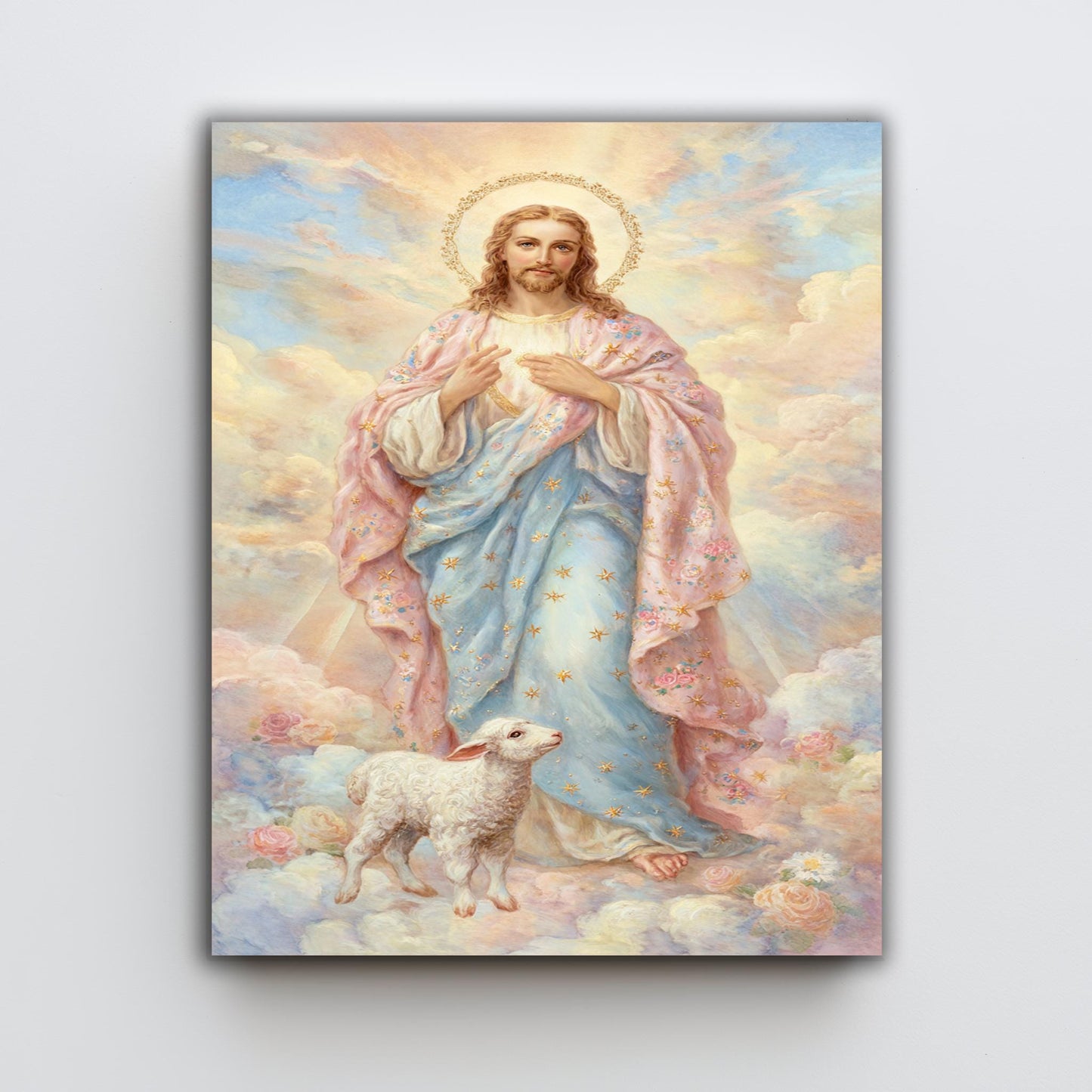 Pastel Jesus Christ Art Print with Golden Halo and Lamb, Soft Storybook Style Christian Wall Decor for Nursery or Faith-Inspired Gift