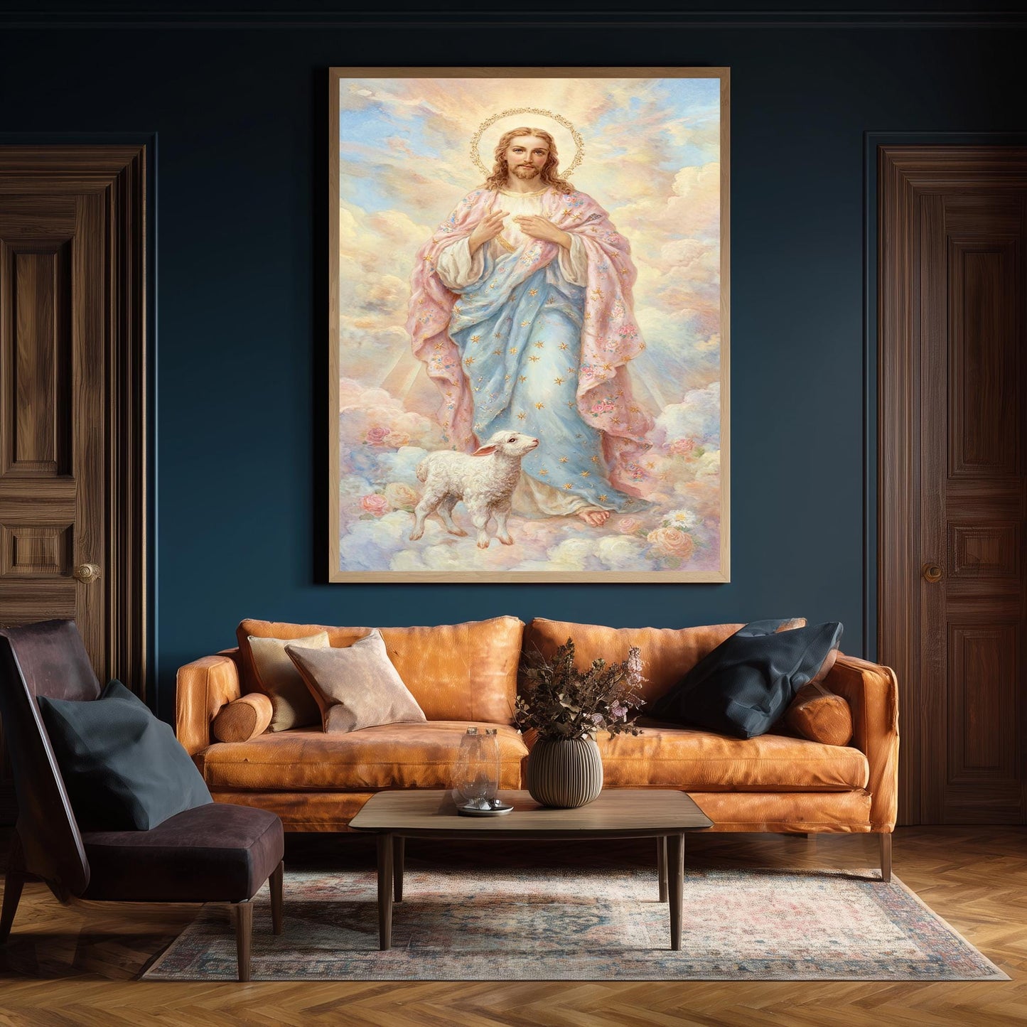 Pastel Jesus Christ Art Print with Golden Halo and Lamb, Soft Storybook Style Christian Wall Decor for Nursery or Faith-Inspired Gift