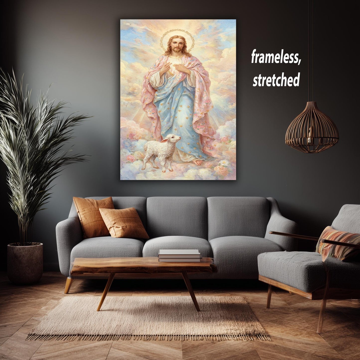 Pastel Jesus Christ Art Print with Golden Halo and Lamb, Soft Storybook Style Christian Wall Decor for Nursery or Faith-Inspired Gift
