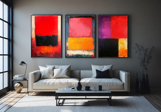 Abstract Color Block Canvas Print Set: Modern Red, Orange, Black Wall Art