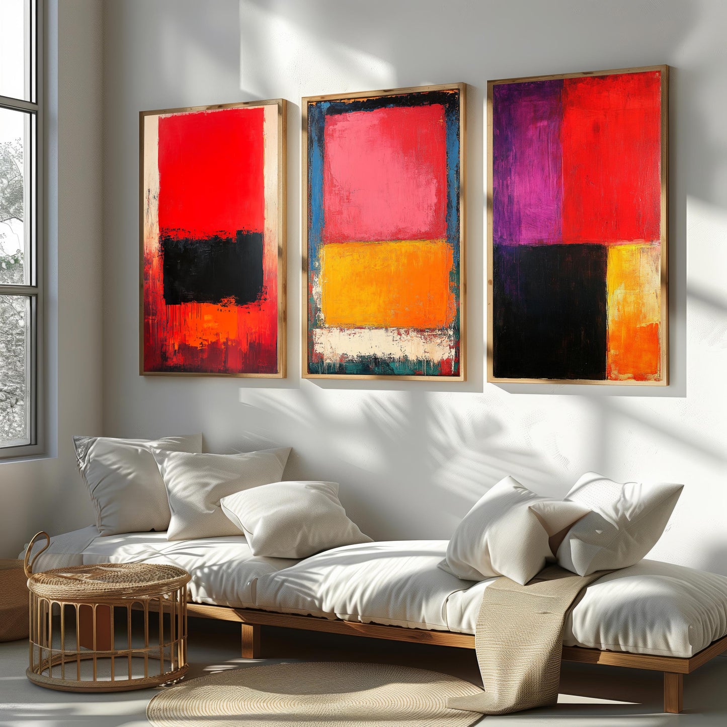 Abstract Color Block Canvas Print Set: Modern Red, Orange, Black Wall Art