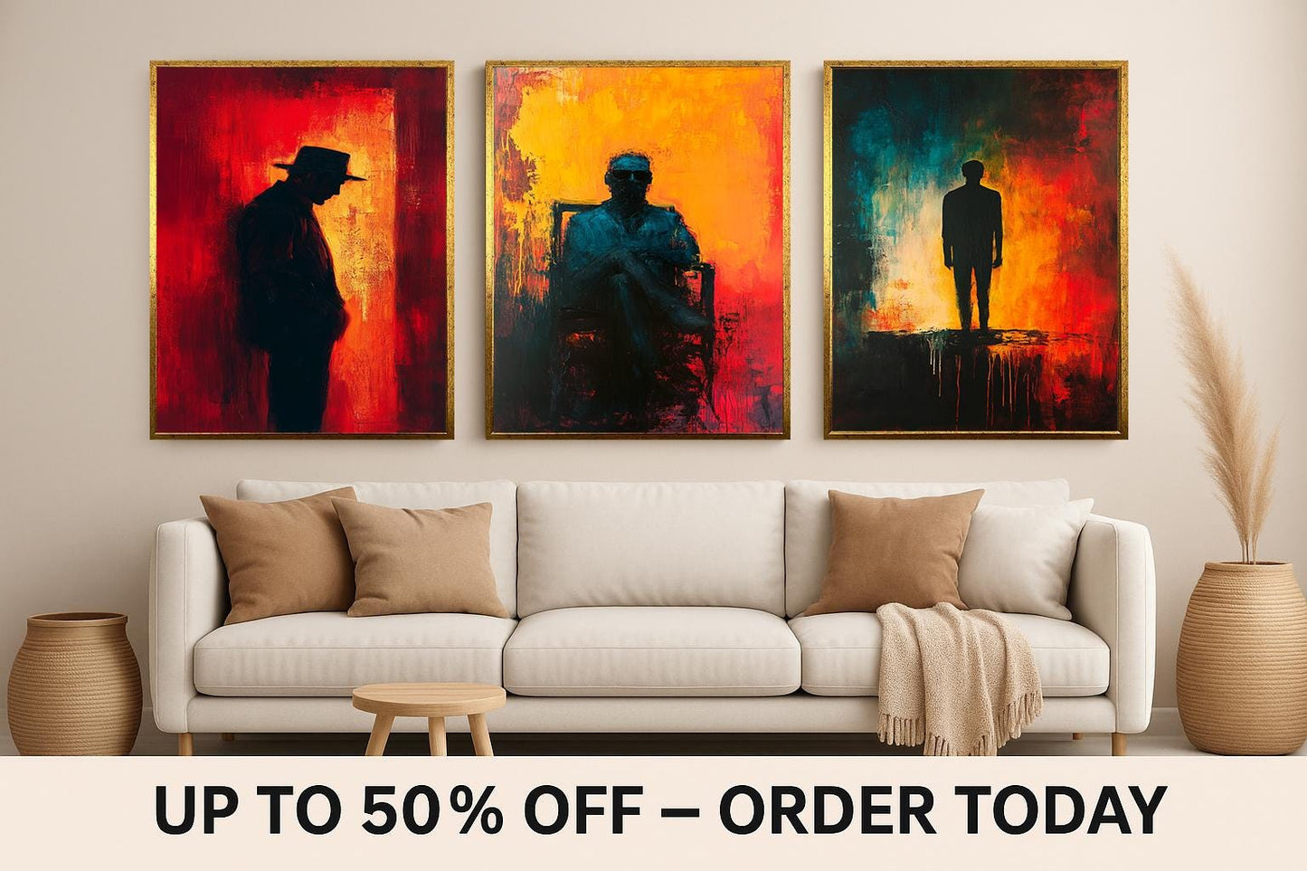 Abstract Silhouette Canvas Print Set: Red Orange Modern Wall Art