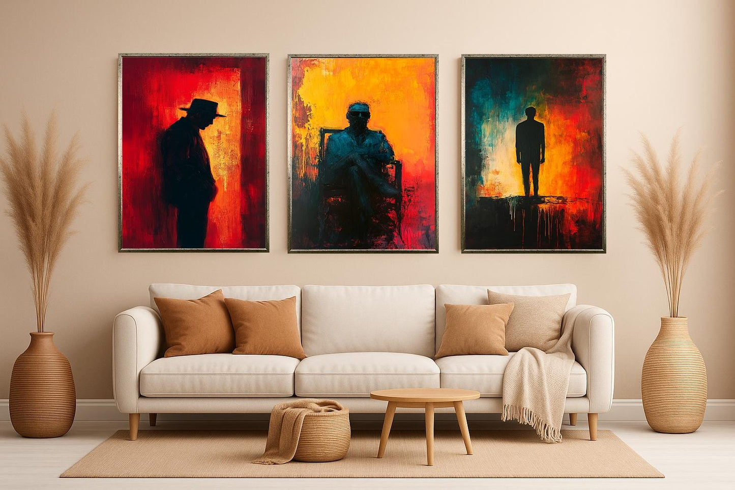 Abstract Silhouette Canvas Print Set: Red Orange Modern Wall Art