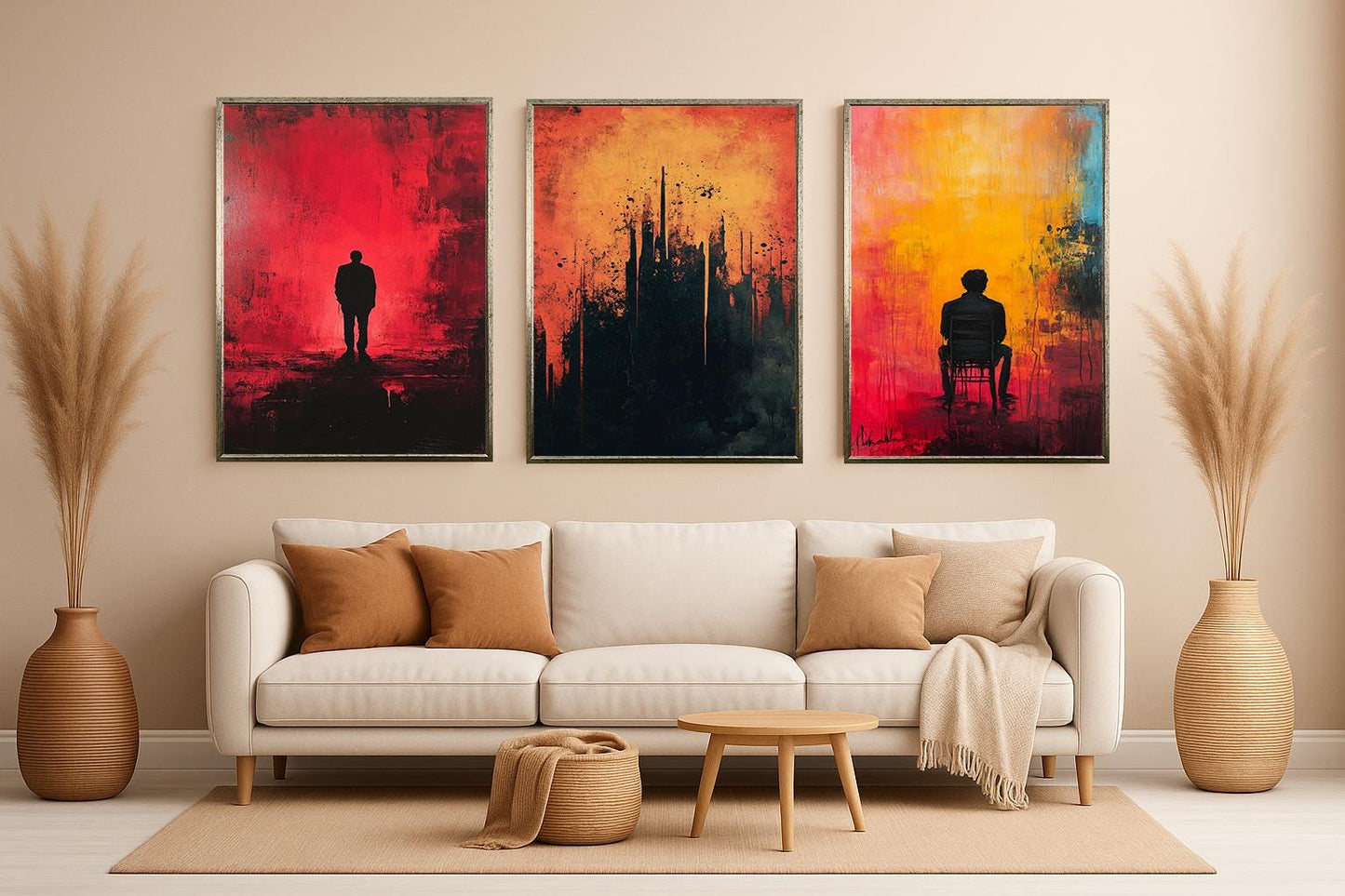 Abstract Silhouette Canvas Print Set: Modern Red Yellow Black Wall Art