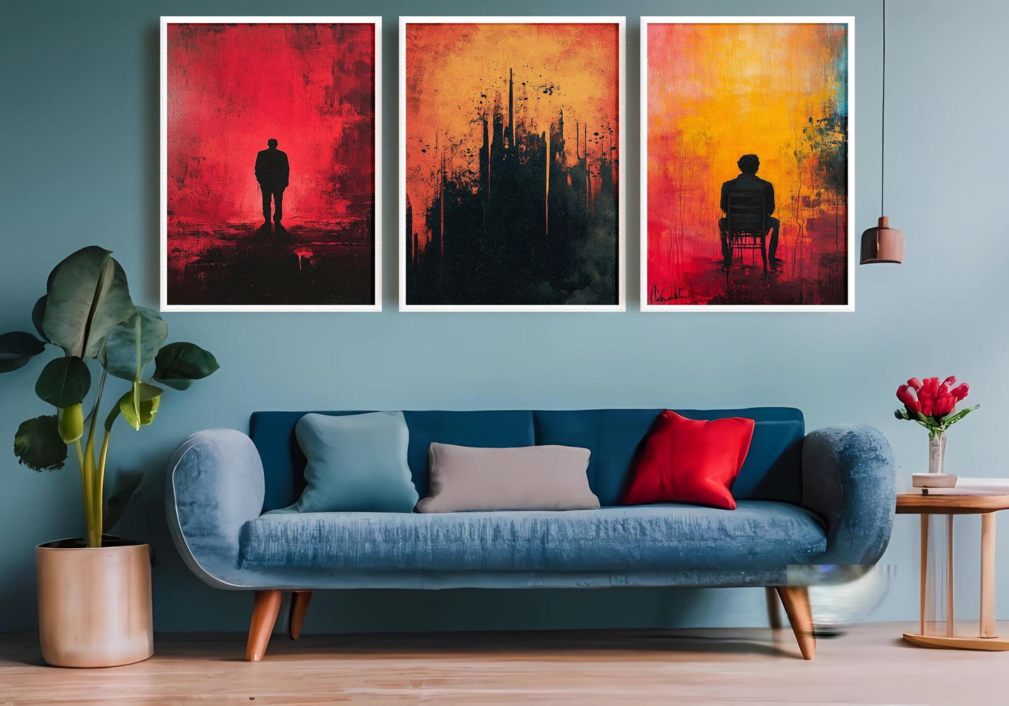 Abstract Silhouette Canvas Print Set: Modern Red Yellow Black Wall Art