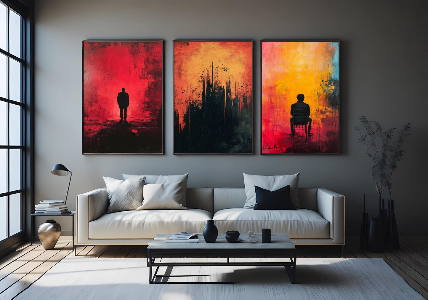 Abstract Silhouette Canvas Print Set: Modern Red Yellow Black Wall Art