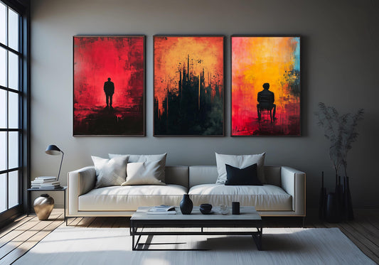 Abstract Silhouette Canvas Print Set: Modern Red Yellow Black Wall Art