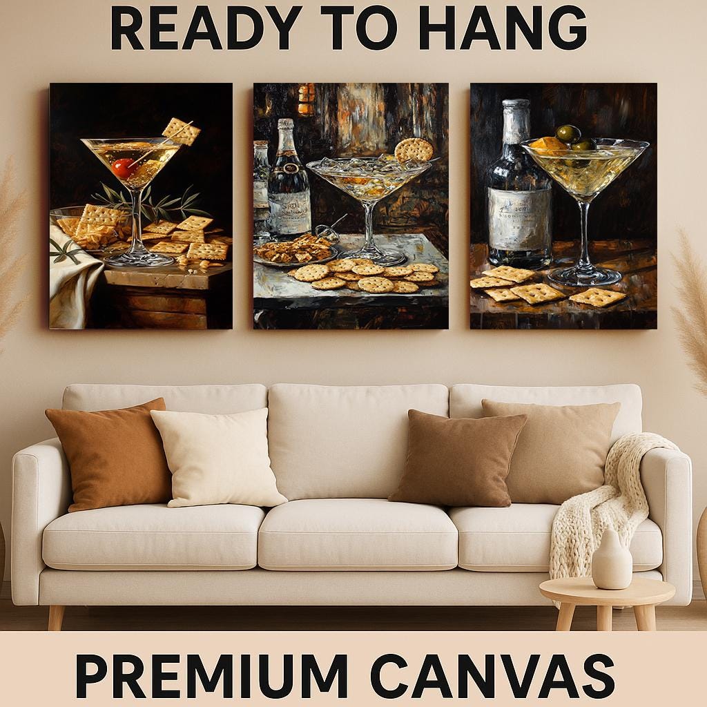 Martini & Wine Still Life Art Prints - Bar Decor - 3 Piece Set