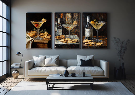 Martini & Wine Still Life Art Prints - Bar Decor - 3 Piece Set