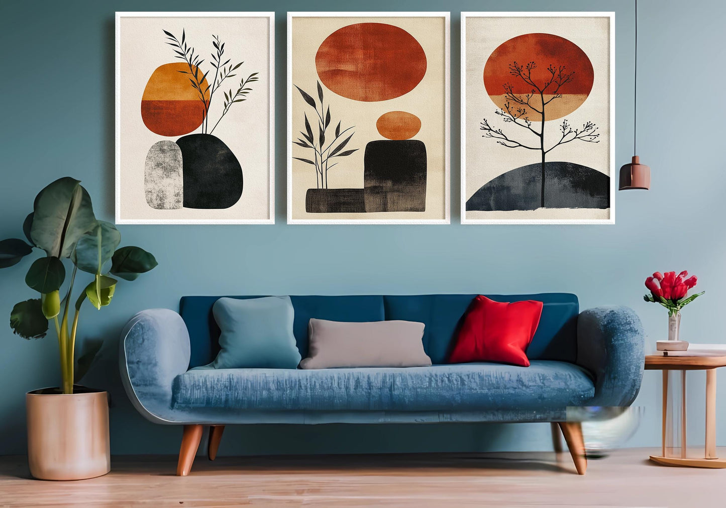Boho Abstract Art Prints: Mid Century Modern Sun & Plant Shapes