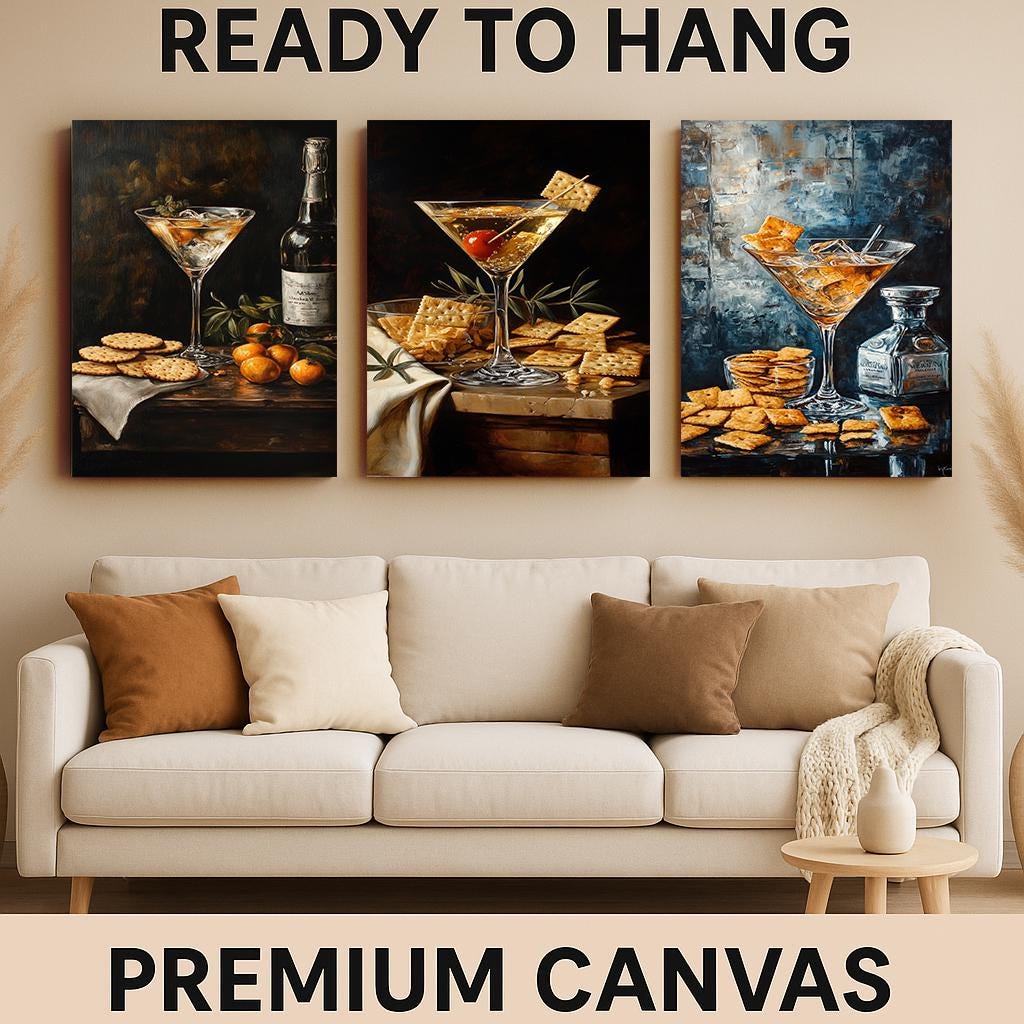 Martini & Crackers Canvas Print Set: Elegant Bar Still Life