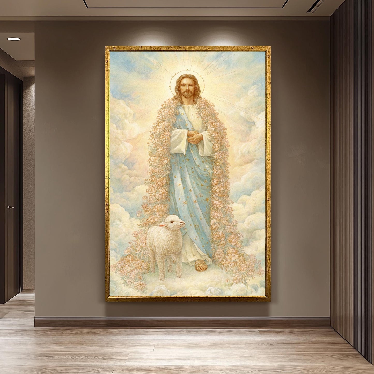 Jesus Christ Wall Art Print Pastel Storybook Style with Lamb and Floral Robe Spiritual Christian Decor for Nursery or Prayer Room Jesus Art